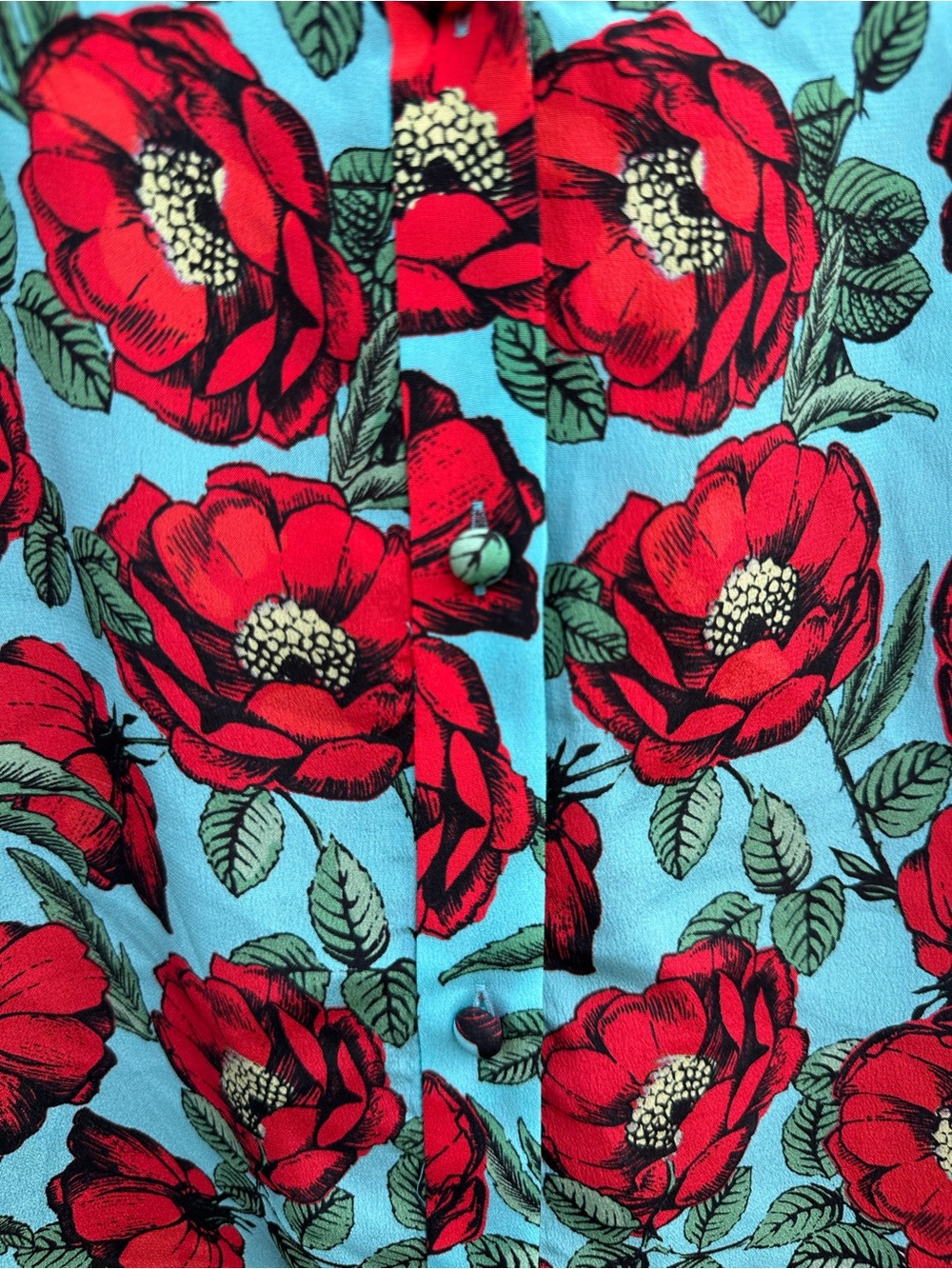 Alice + Olivia 100% Silk Red Poppy Floral Button Front Blouse Aqua Blue Medium - Picture 3 of 12